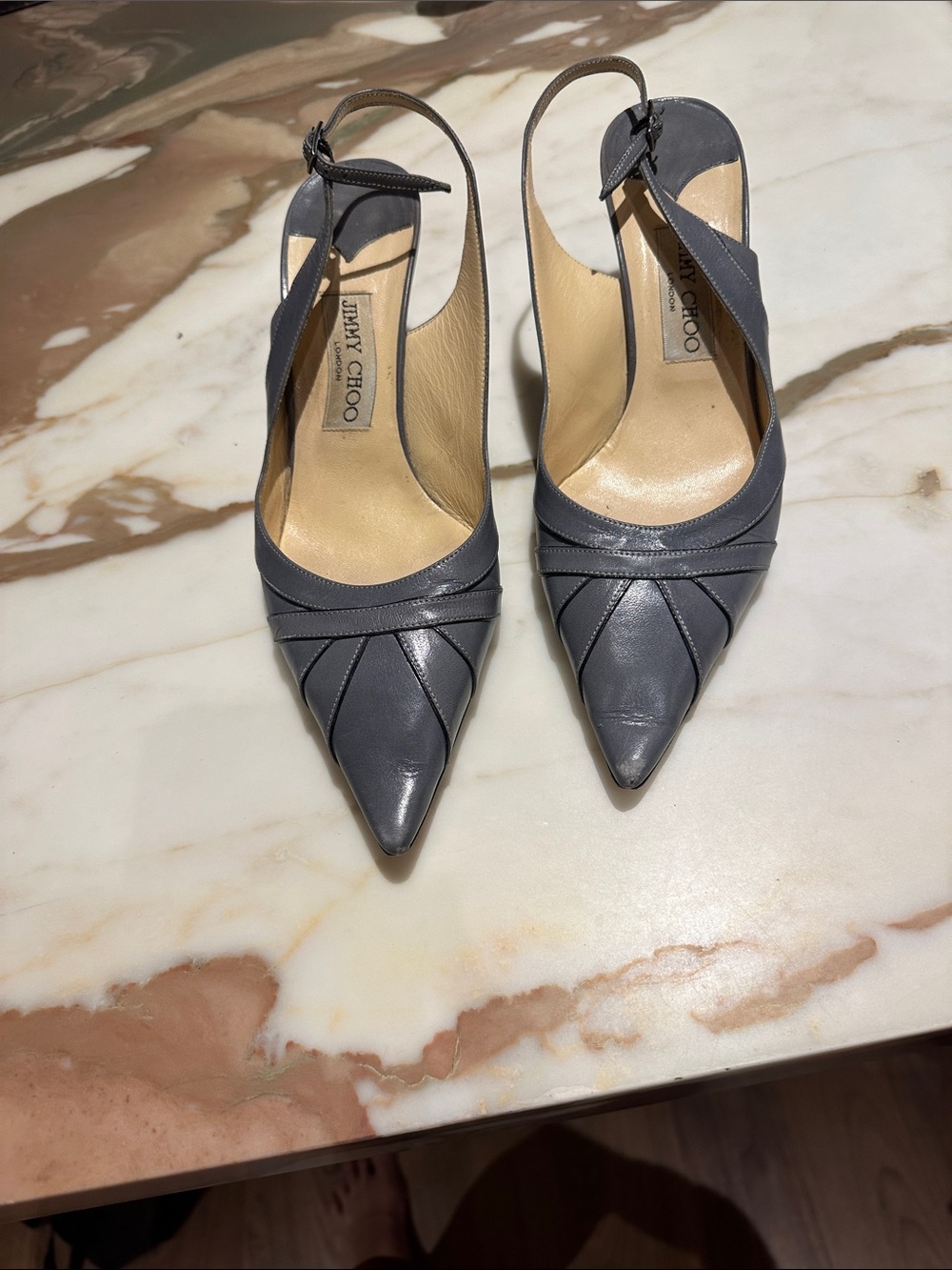 Jimmy Choo Gray Pointed Leather Slingback Heels